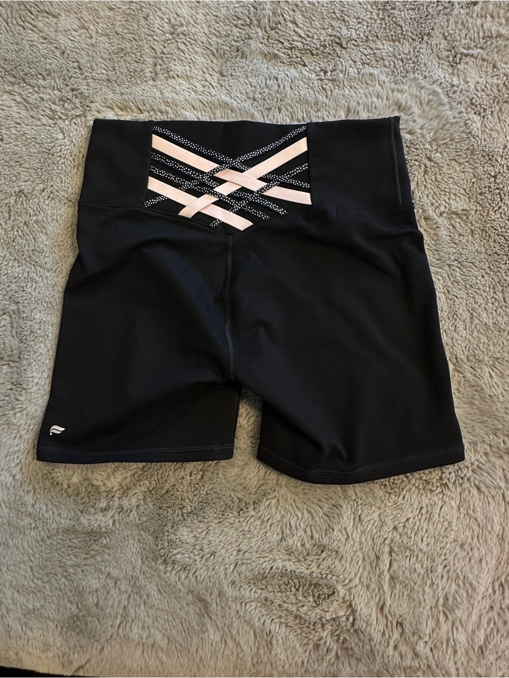 Fabletics Black Powerhold Shorts with Pink Criss Cross Detail on back sz medium